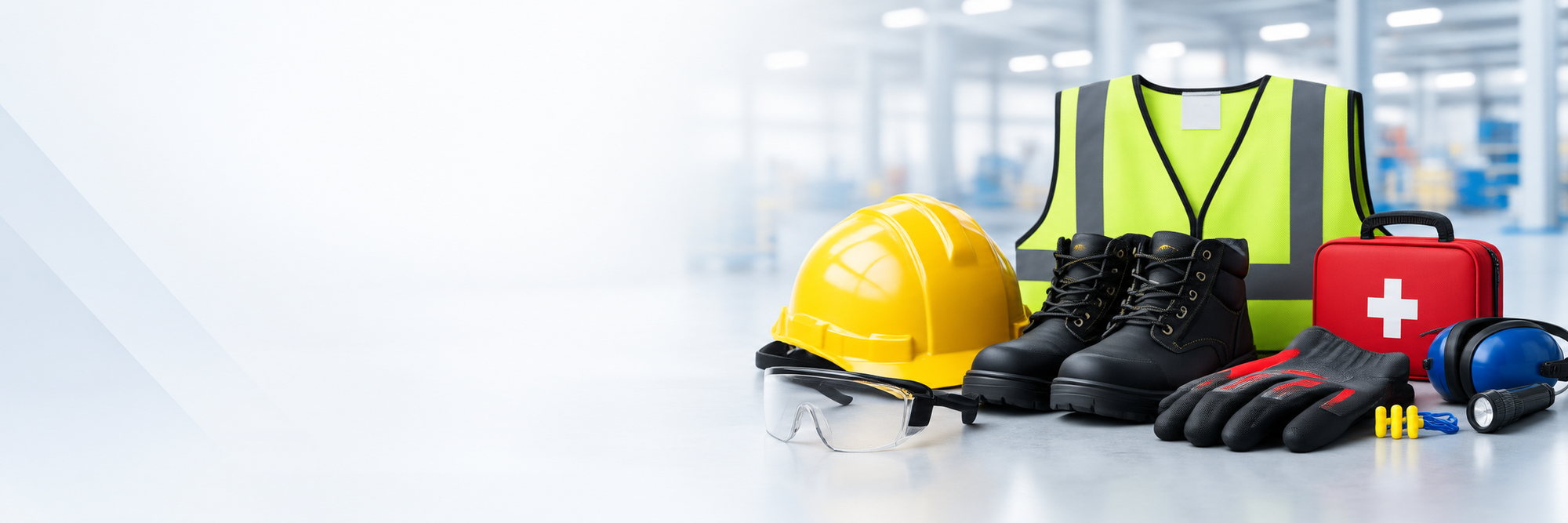 Safety helmet, hi-vis vest, safety boots, safety goggles, gloves, first aid kit, ear defenders, ear plugs and a torch